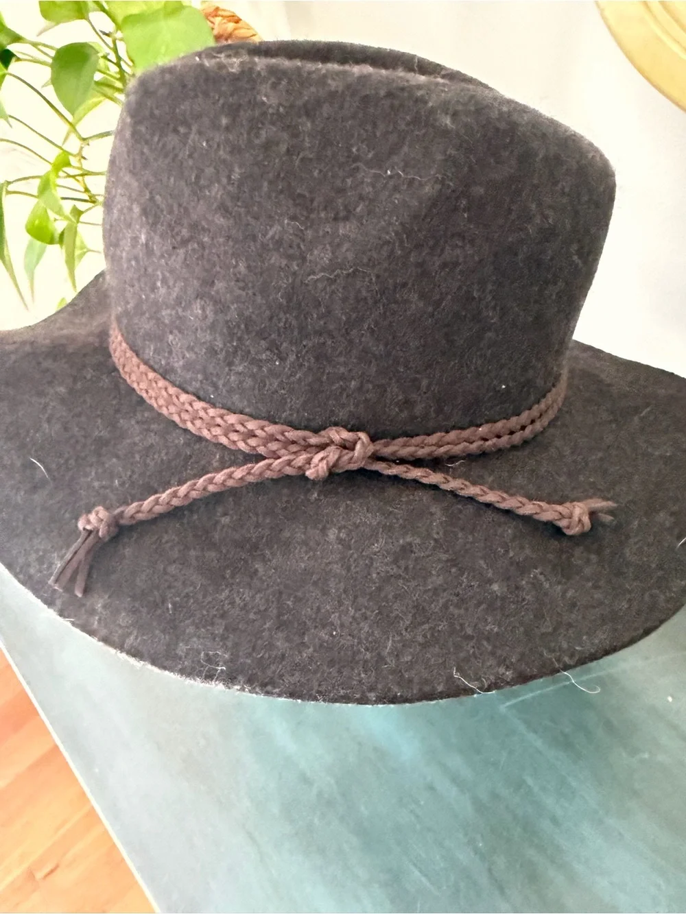SOMETHING SPECIAL brand FELT FEDORA style hat with brown braided leather band